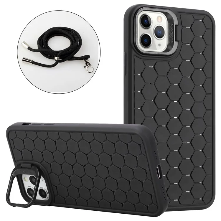 For iPhone 13 Pro Max Magnetic Case with Lanyard Heat Dissipation TPU Kickstand Phone Cover - Black