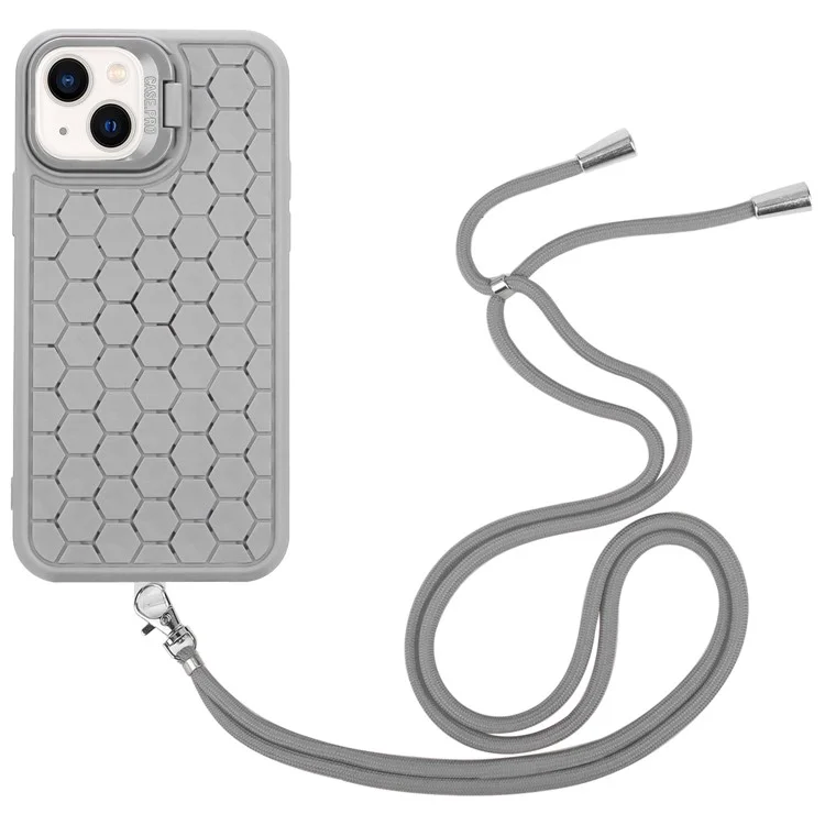 For iPhone 14 TPU Case Kickstand Heat Dissipation Magnetic Phone Cover with Lanyard - Grey
