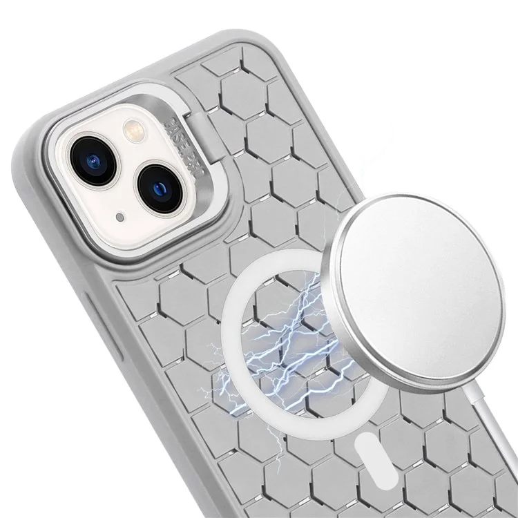 For iPhone 14 TPU Case Kickstand Heat Dissipation Magnetic Phone Cover with Lanyard - Grey