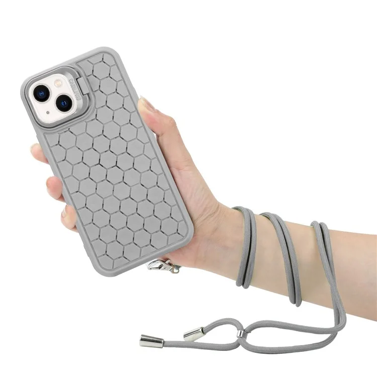 For iPhone 14 TPU Case Kickstand Heat Dissipation Magnetic Phone Cover with Lanyard - Grey