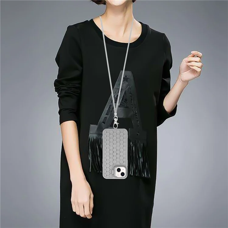 For iPhone 14 TPU Case Kickstand Heat Dissipation Magnetic Phone Cover with Lanyard - Grey