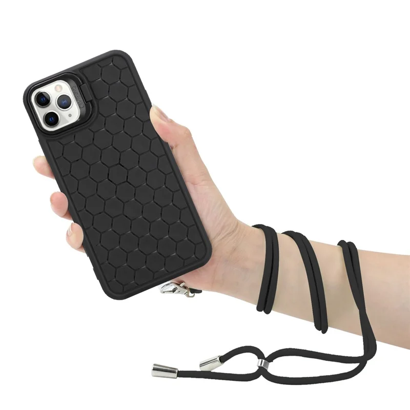 For iPhone 13 Pro Magnetic Case Soft TPU Kickstand Phone Cover with Lanyard Heat Dissipation - Black