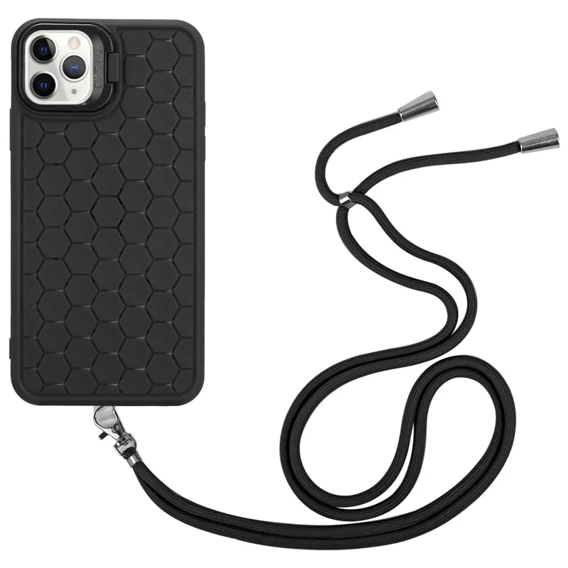 For iPhone 11 Pro TPU Case with Lanyard Lens Frame Kickstand Magnetic Phone Cover - Black