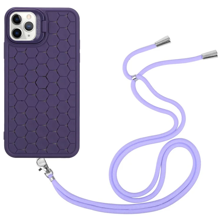 For iPhone 14 Pro Max Magnetic Case Soft TPU Kickstand Back Cover with Lanyard - Purple