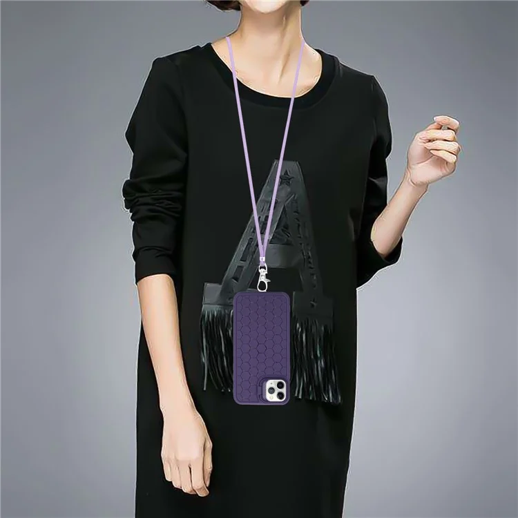 For iPhone 14 Pro Max Magnetic Case Soft TPU Kickstand Back Cover with Lanyard - Purple