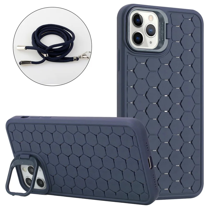 For iPhone 14 Pro Max Magnetic Case Soft TPU Kickstand Back Cover with Lanyard - Dark Blue