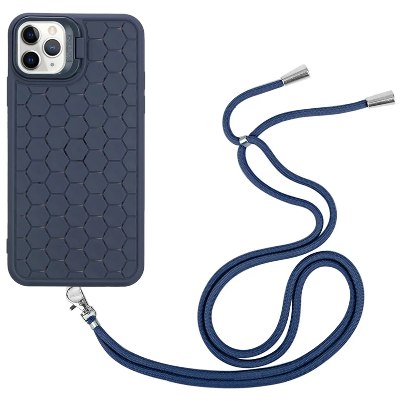 For iPhone 14 Pro Max Magnetic Case Soft TPU Kickstand Back Cover with Lanyard - Dark Blue