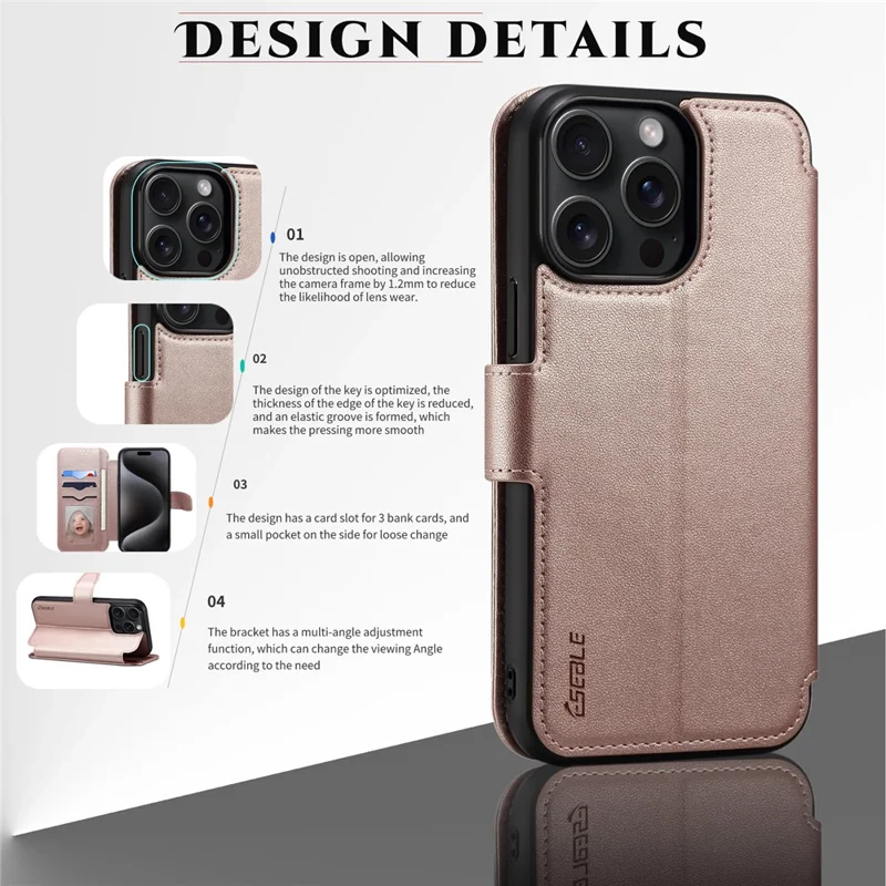E1 For iPhone 14 Pro Max Case Compatible with MagSafe Nappa Texture Leather Wallet Stand Phone Cover - Rose Gold