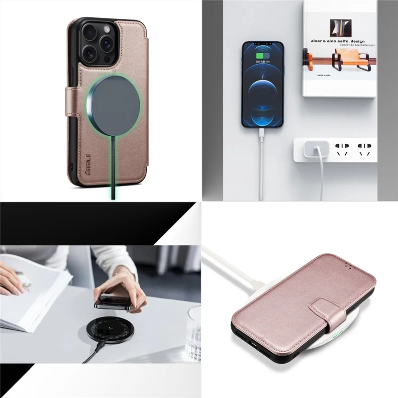 E1 For iPhone 14 Pro Max Case Compatible with MagSafe Nappa Texture Leather Wallet Stand Phone Cover - Rose Gold