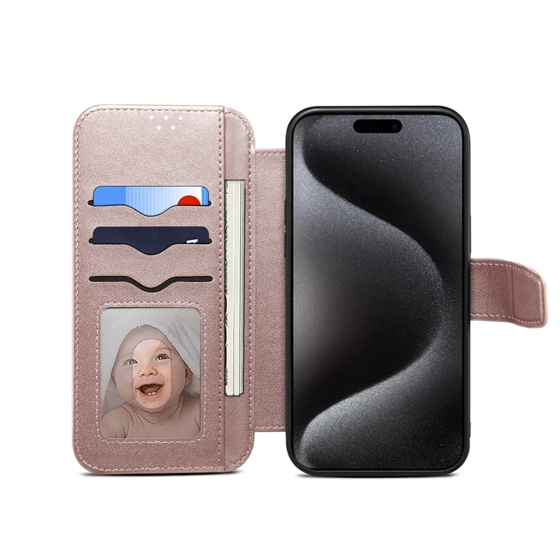 E1 For iPhone 14 Pro Max Case Compatible with MagSafe Nappa Texture Leather Wallet Stand Phone Cover - Rose Gold