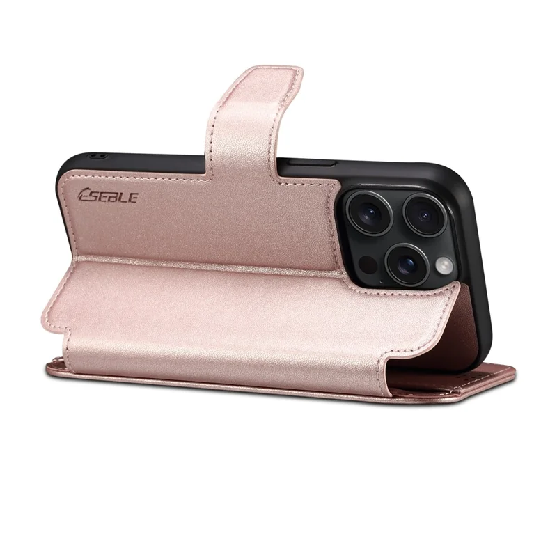 E1 For iPhone 14 Pro Max Case Compatible with MagSafe Nappa Texture Leather Wallet Stand Phone Cover - Rose Gold