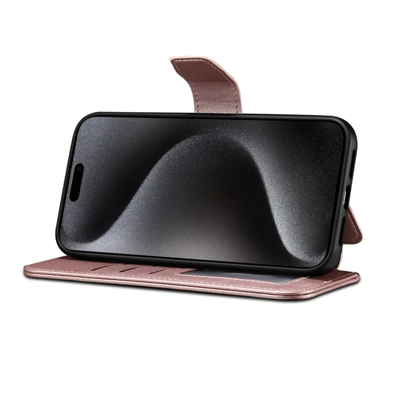 E1 For iPhone 14 Pro Max Case Compatible with MagSafe Nappa Texture Leather Wallet Stand Phone Cover - Rose Gold