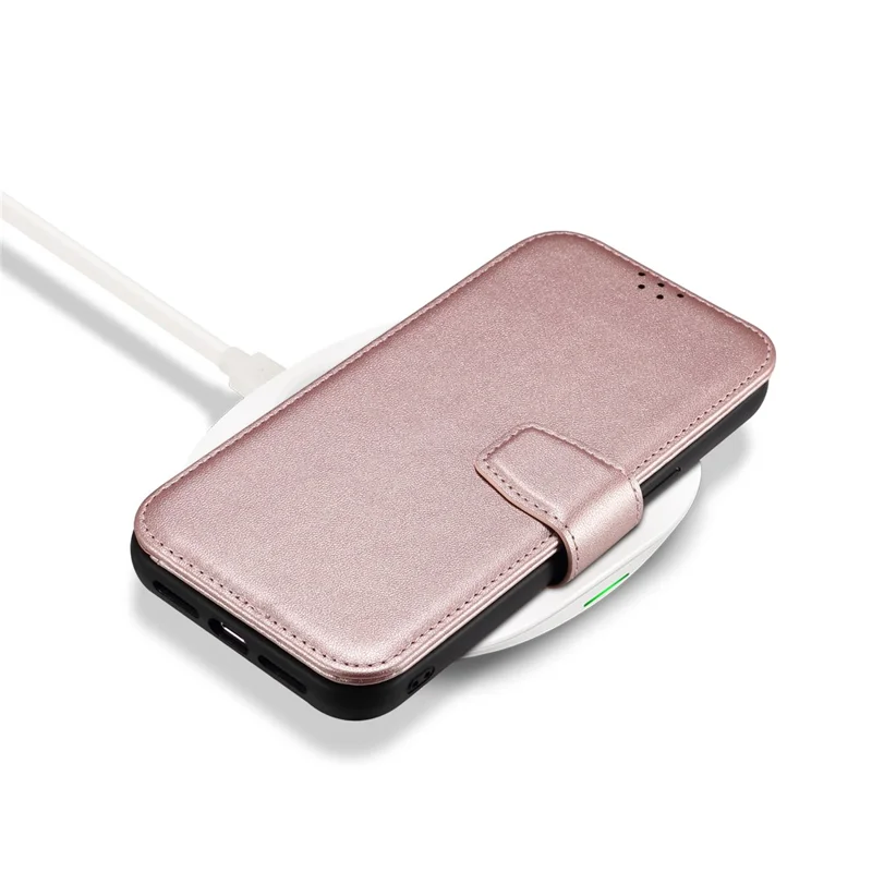 E1 For iPhone 14 Pro Max Case Compatible with MagSafe Nappa Texture Leather Wallet Stand Phone Cover - Rose Gold