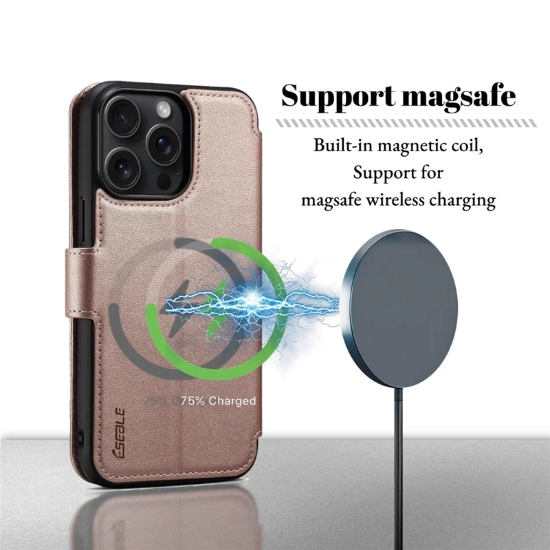 E1 For iPhone 14 Pro Max Case Compatible with MagSafe Nappa Texture Leather Wallet Stand Phone Cover - Rose Gold