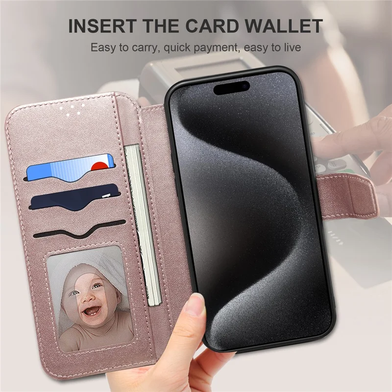 E1 For iPhone 14 Pro Max Case Compatible with MagSafe Nappa Texture Leather Wallet Stand Phone Cover - Rose Gold