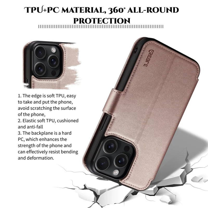 E1 For iPhone 14 Pro Max Case Compatible with MagSafe Nappa Texture Leather Wallet Stand Phone Cover - Rose Gold