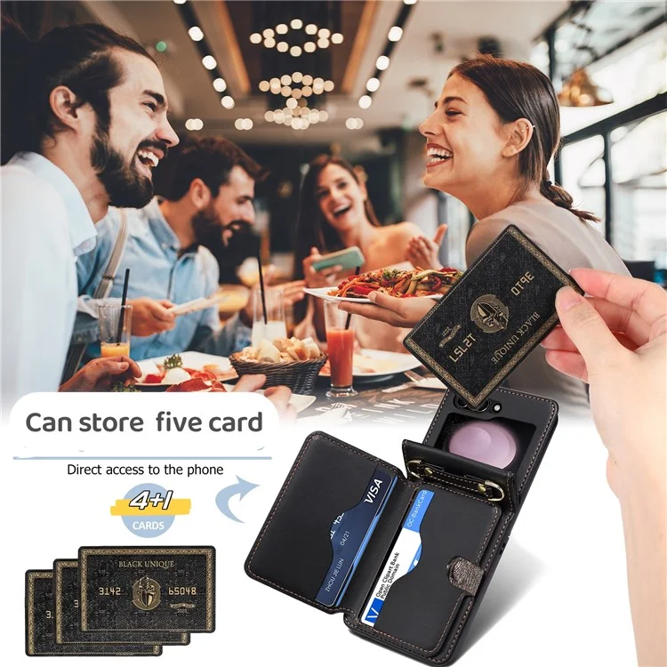 Для Samsung Galaxy Z Flip4 5G Чехол для телефона из искусственной кожи + ПК Чехол для телефона со ремешком - Темно-серый