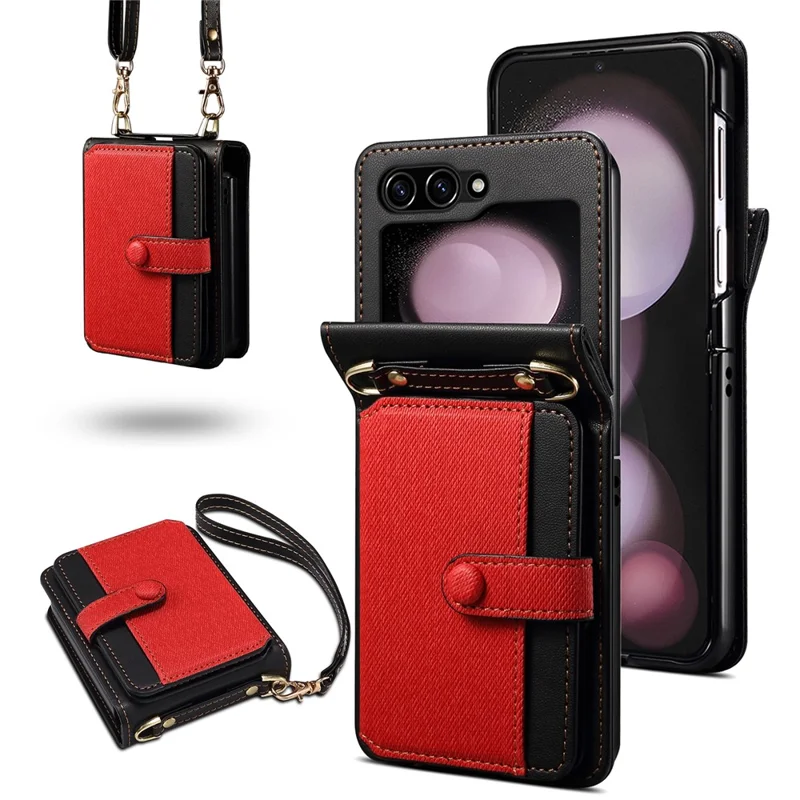 Para Samsung Galaxy Z Flip5 5G Funda Cuero PU+PC Funda Protectora Teléfono con Correa - Rojo