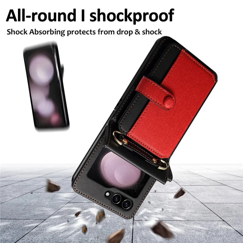 Para Samsung Galaxy Z Flip5 5G Funda Cuero PU+PC Funda Protectora Teléfono con Correa - Rojo