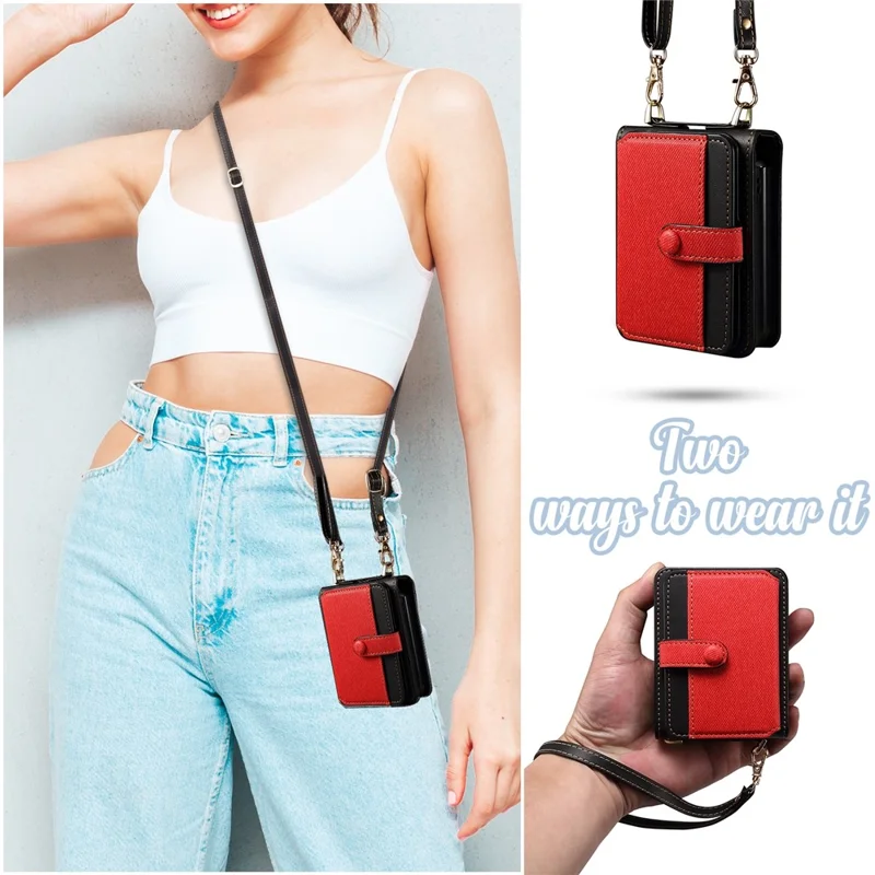 Para Samsung Galaxy Z Flip5 5G Funda Cuero PU+PC Funda Protectora Teléfono con Correa - Rojo