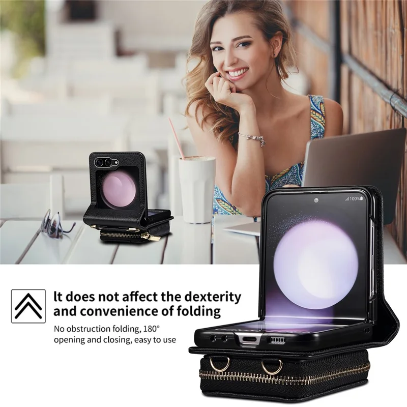 For Samsung Galaxy Z Flip5 5G Phone Cover Zipper Design PU Leather+PC Phone Cover with Strap - Black