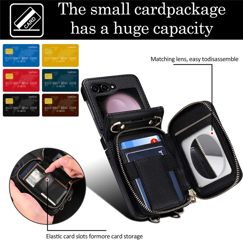 For Samsung Galaxy Z Flip5 5G Phone Cover Zipper Design PU Leather+PC Phone Cover with Strap - Black