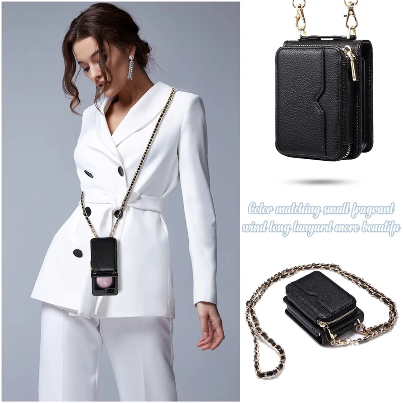 For Samsung Galaxy Z Flip5 5G Phone Cover Zipper Design PU Leather+PC Phone Cover with Strap - Black