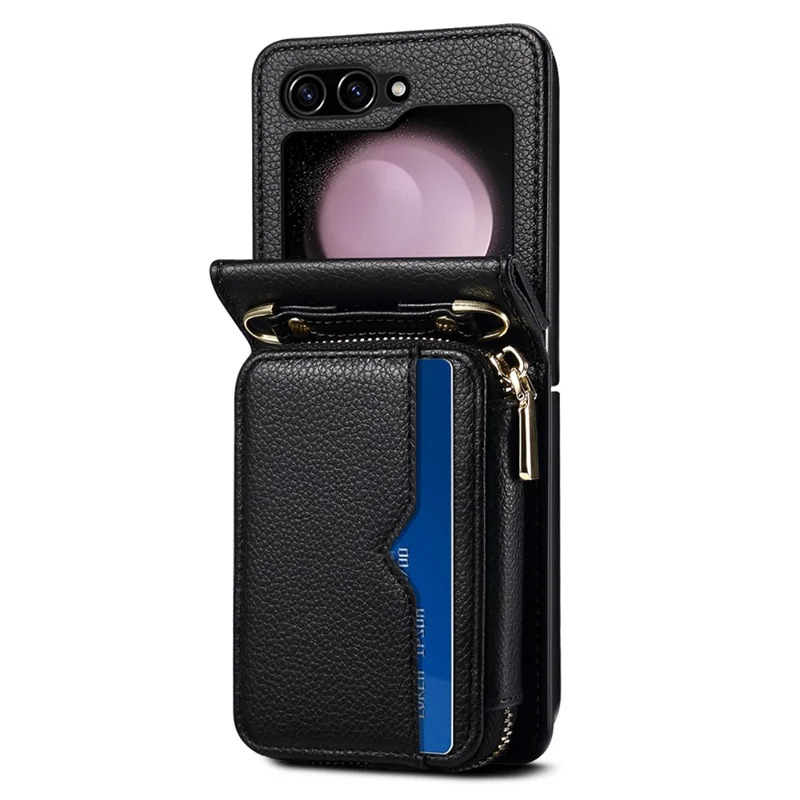 For Samsung Galaxy Z Flip5 5G Phone Cover Zipper Design PU Leather+PC Phone Cover with Strap - Black