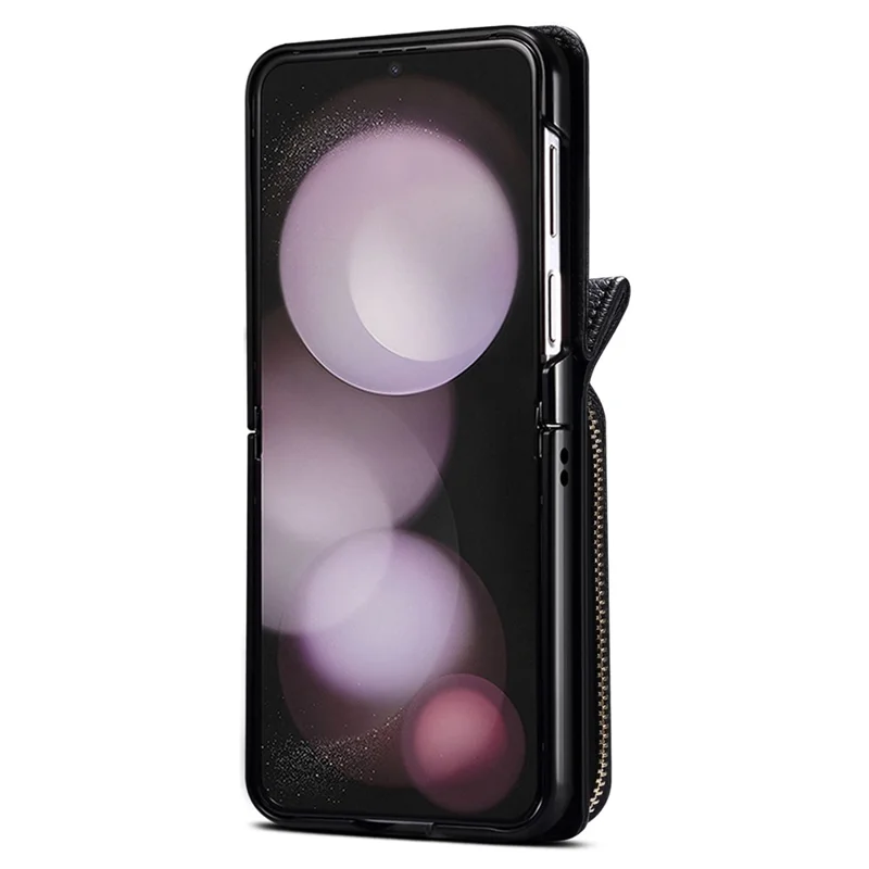 For Samsung Galaxy Z Flip5 5G Phone Cover Zipper Design PU Leather+PC Phone Cover with Strap - Black