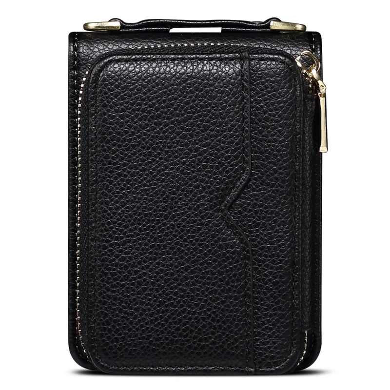 For Samsung Galaxy Z Flip5 5G Phone Cover Zipper Design PU Leather+PC Phone Cover with Strap - Black