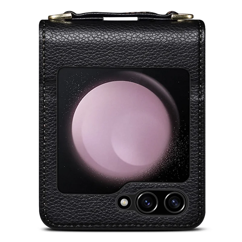 For Samsung Galaxy Z Flip5 5G Phone Cover Zipper Design PU Leather+PC Phone Cover with Strap - Black