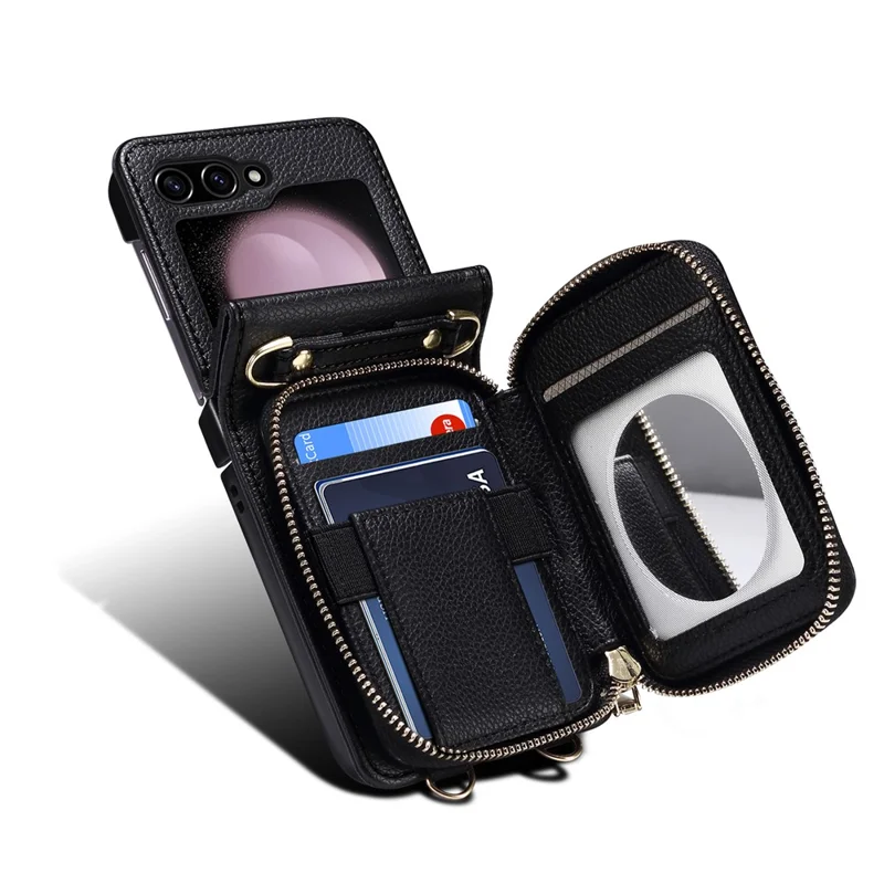 For Samsung Galaxy Z Flip5 5G Phone Cover Zipper Design PU Leather+PC Phone Cover with Strap - Black