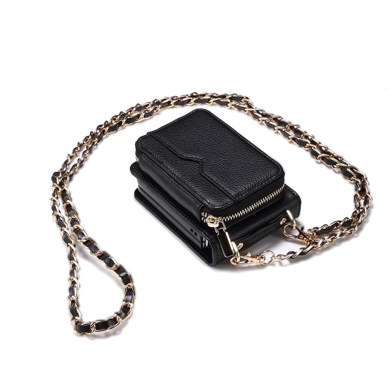 For Samsung Galaxy Z Flip5 5G Phone Cover Zipper Design PU Leather+PC Phone Cover with Strap - Black