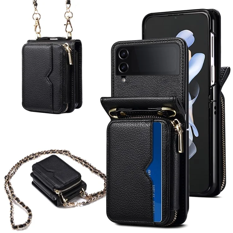 For Samsung Galaxy Z Flip4 5G Case Multi-card Slot PU Leather+PC Phone Protector with Strap - Black