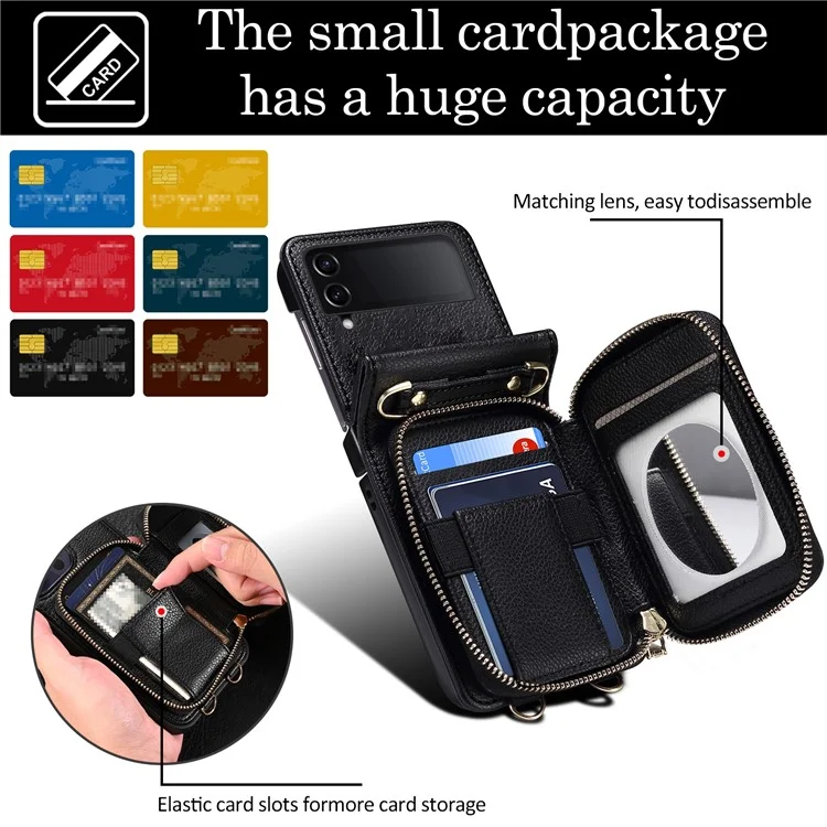 For Samsung Galaxy Z Flip4 5G Case Multi-card Slot PU Leather+PC Phone Protector with Strap - Black