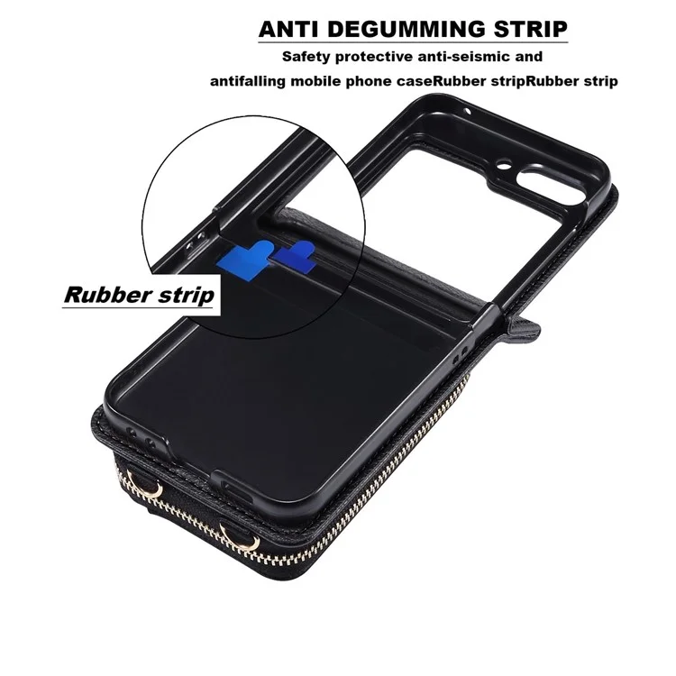 For Samsung Galaxy Z Flip4 5G Case Multi-card Slot PU Leather+PC Phone Protector with Strap - Black