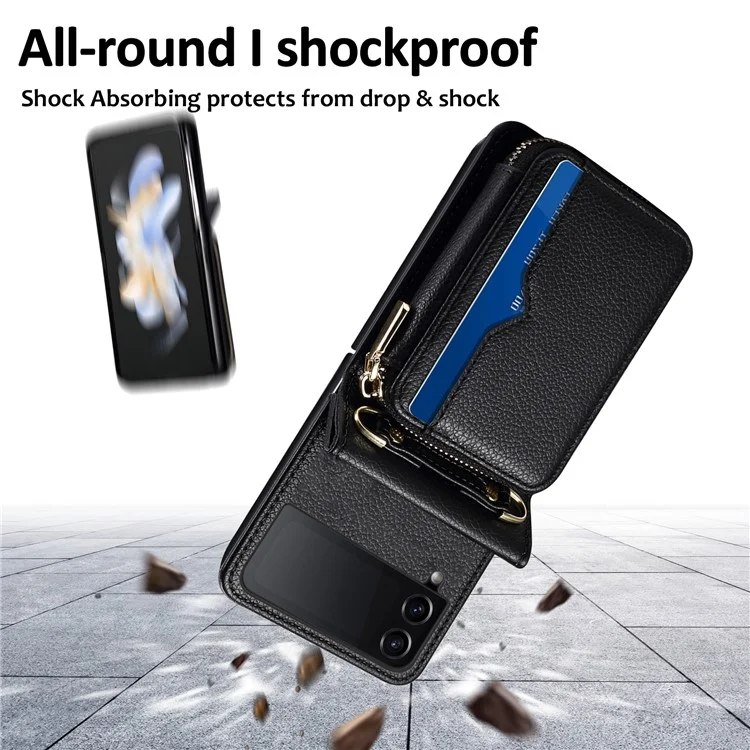 For Samsung Galaxy Z Flip4 5G Case Multi-card Slot PU Leather+PC Phone Protector with Strap - Black