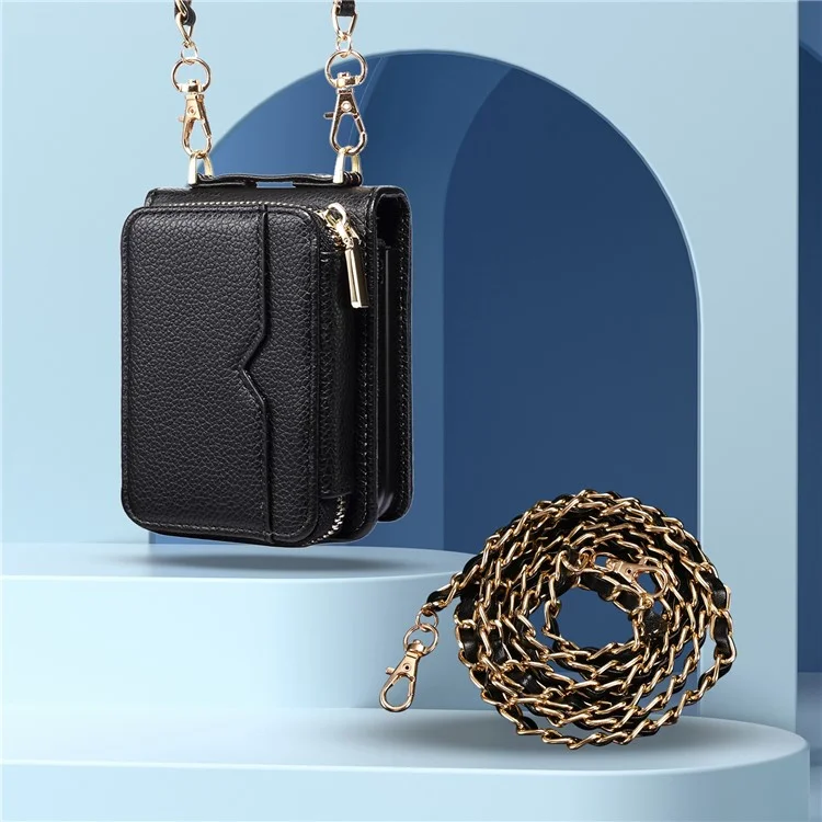 For Samsung Galaxy Z Flip4 5G Case Multi-card Slot PU Leather+PC Phone Protector with Strap - Black