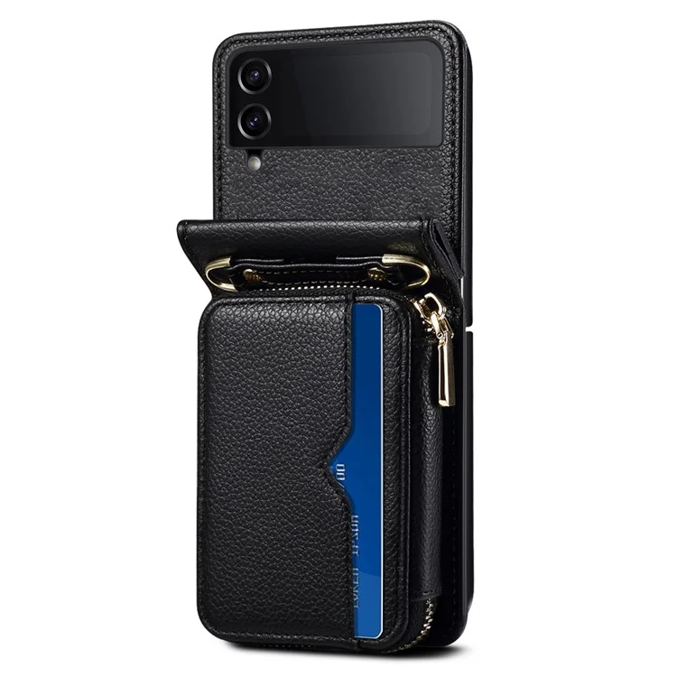 For Samsung Galaxy Z Flip4 5G Case Multi-card Slot PU Leather+PC Phone Protector with Strap - Black