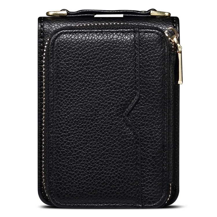 For Samsung Galaxy Z Flip4 5G Case Multi-card Slot PU Leather+PC Phone Protector with Strap - Black
