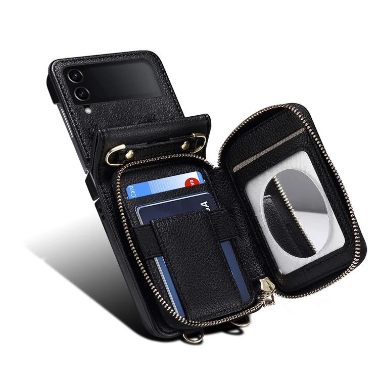 For Samsung Galaxy Z Flip4 5G Case Multi-card Slot PU Leather+PC Phone Protector with Strap - Black