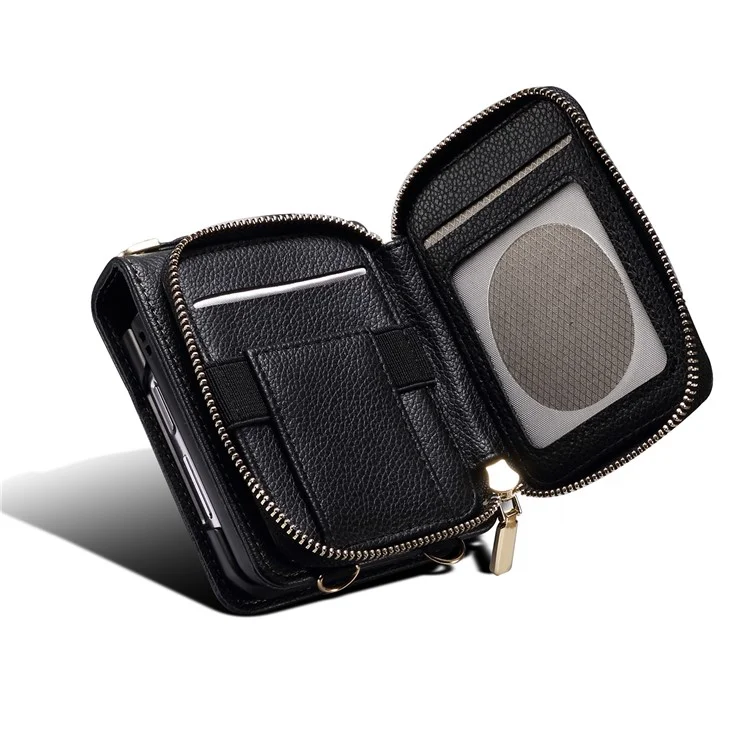 For Samsung Galaxy Z Flip4 5G Case Multi-card Slot PU Leather+PC Phone Protector with Strap - Black