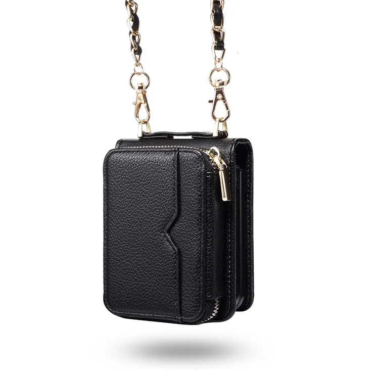 For Samsung Galaxy Z Flip4 5G Case Multi-card Slot PU Leather+PC Phone Protector with Strap - Black
