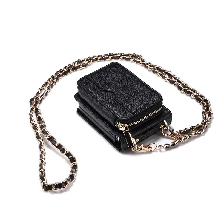 For Samsung Galaxy Z Flip4 5G Case Multi-card Slot PU Leather+PC Phone Protector with Strap - Black
