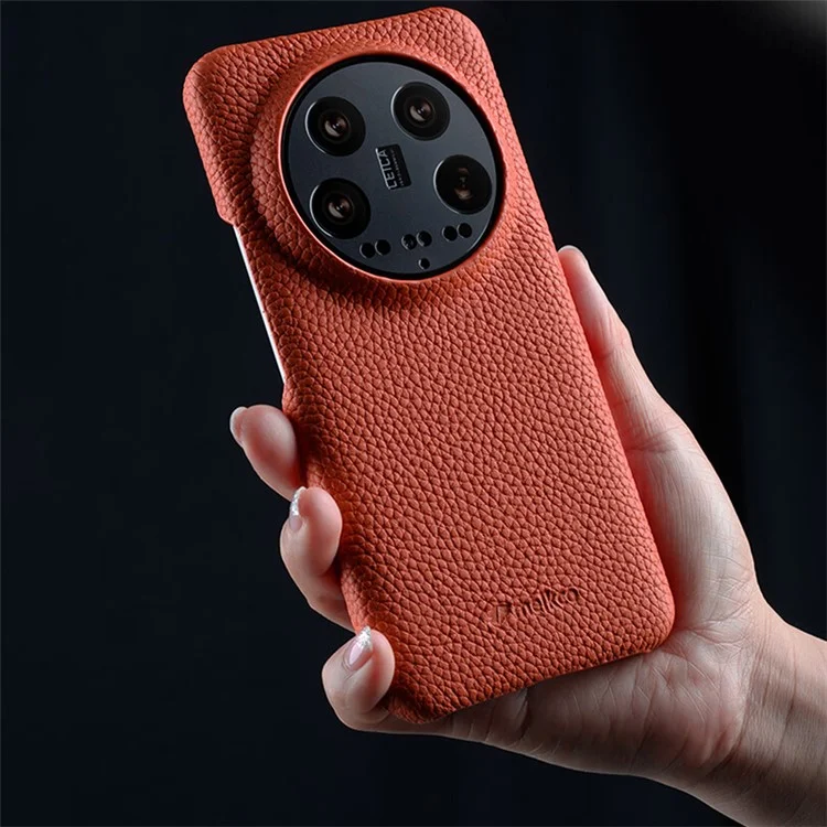 Étui pour téléphone portable MELKCO pour Xiaomi 14 Ultra, boîtier arrière en polycarbonate revêtu de cuir de vache véritable - Orange