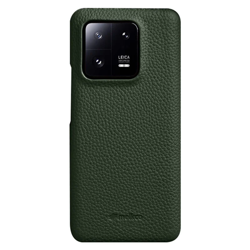 MELKCO Cellphone Case for Xiaomi 13 Incomplete Edge Genuine Cow Leather Coated PC Cover - Green