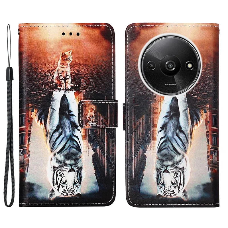 For Xiaomi Redmi A3 / Poco C61 4G Leather Case with Strap and Card Holder Pattern Printing Phone Stand Cover - Cat and Tiger