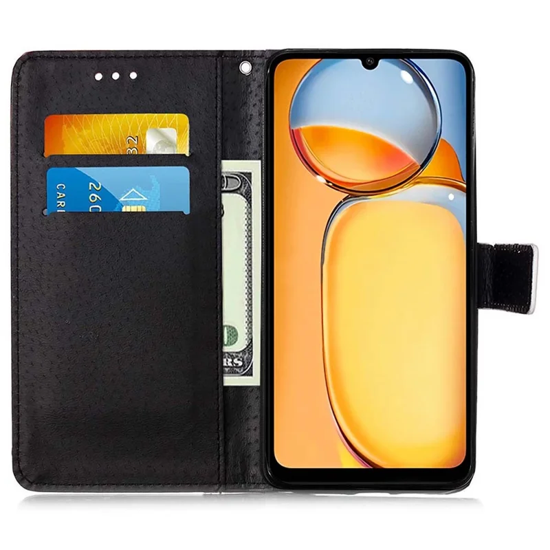 For Xiaomi Redmi A3 / Poco C61 4G Leather Case with Strap and Card Holder Pattern Printing Phone Stand Cover - Cat and Tiger