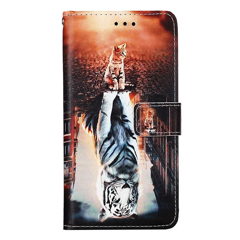 For Xiaomi Redmi A3 / Poco C61 4G Leather Case with Strap and Card Holder Pattern Printing Phone Stand Cover - Cat and Tiger