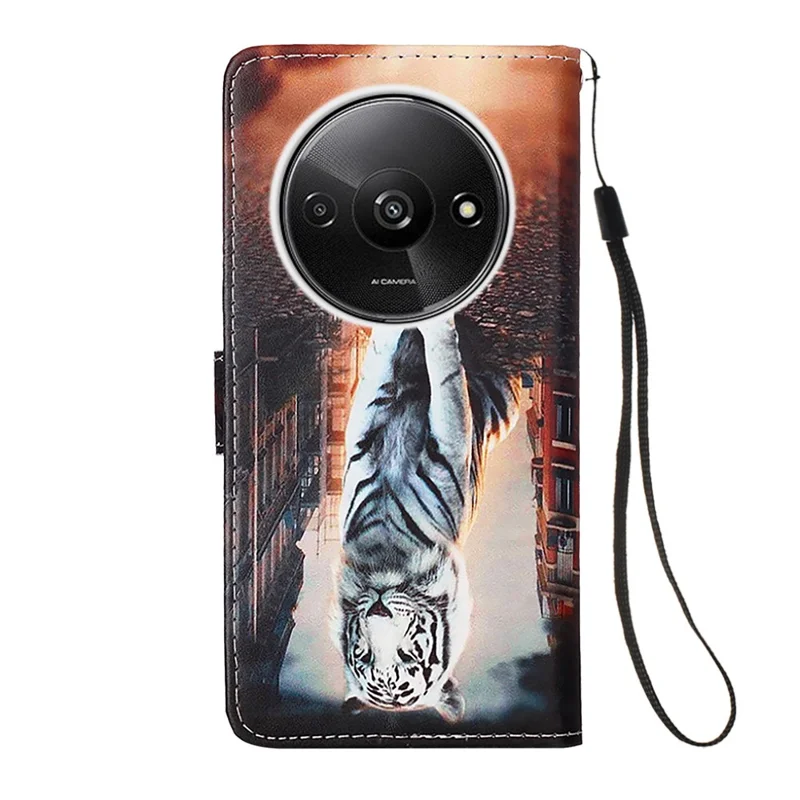 For Xiaomi Redmi A3 / Poco C61 4G Leather Case with Strap and Card Holder Pattern Printing Phone Stand Cover - Cat and Tiger